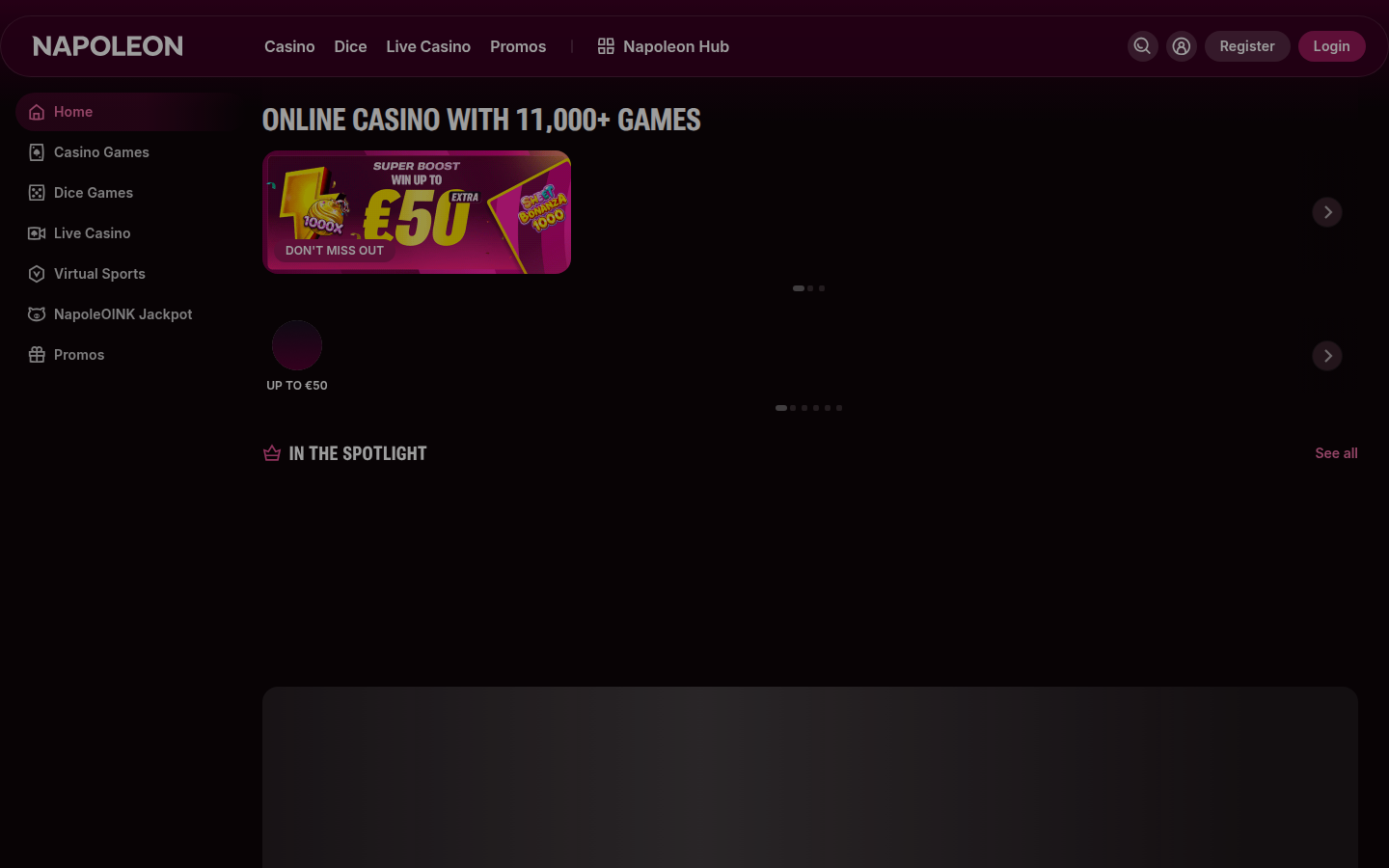 Officiële Napoleon Casino-homepage, vastgelegd op 7 september 2026