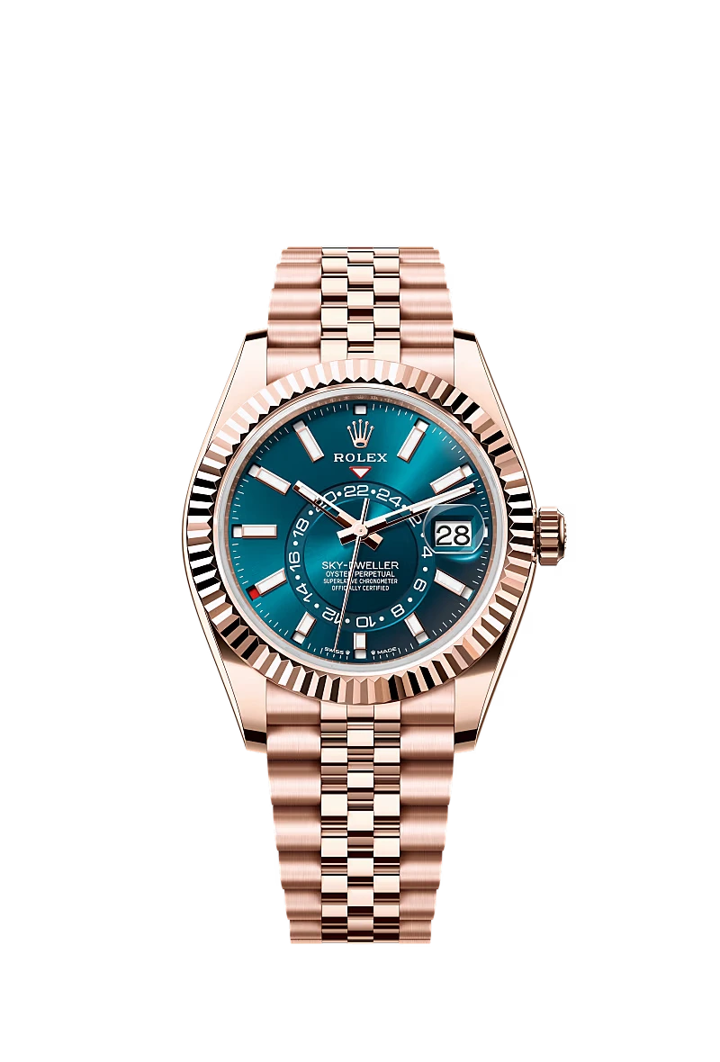 Replica Rolex Heren Sky-Dweller Jubilee (42mm) Rose Gold Blue