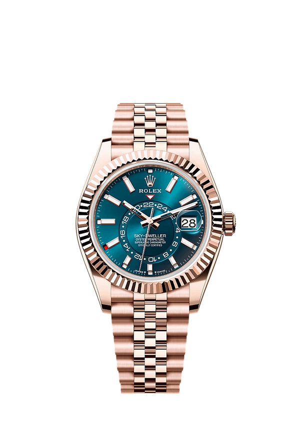 Replica Rolex Heren Sky-Dweller Jubilee (42mm) Rose Gold Blue